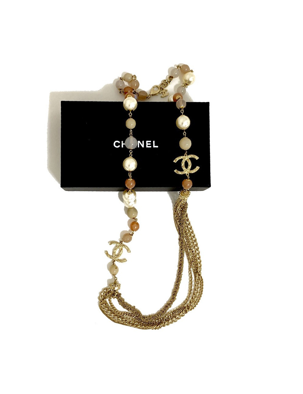 Sautoir multichaines  CHANEL perles nacrées rose  et transparent 