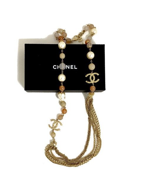 Sautoir CHANEL multichaines perles nacrées rose et transparent 