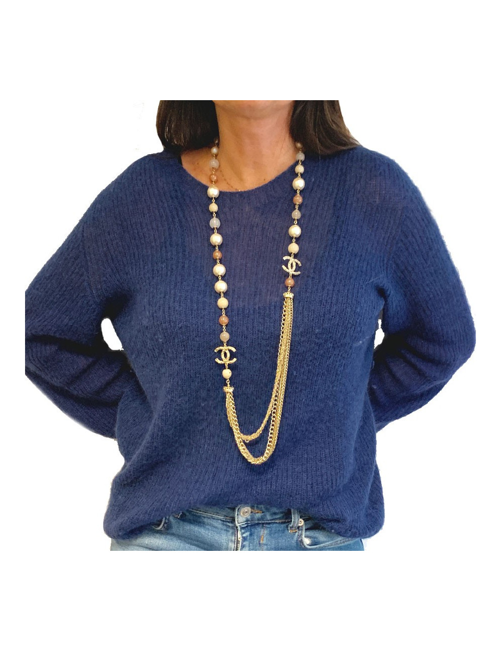 Sautoir multichaines  CHANEL perles nacrées rose  et transparent 