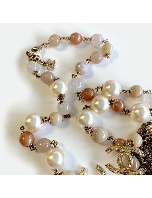 Sautoir multichaines  CHANEL perles nacrées rose  et transparent 