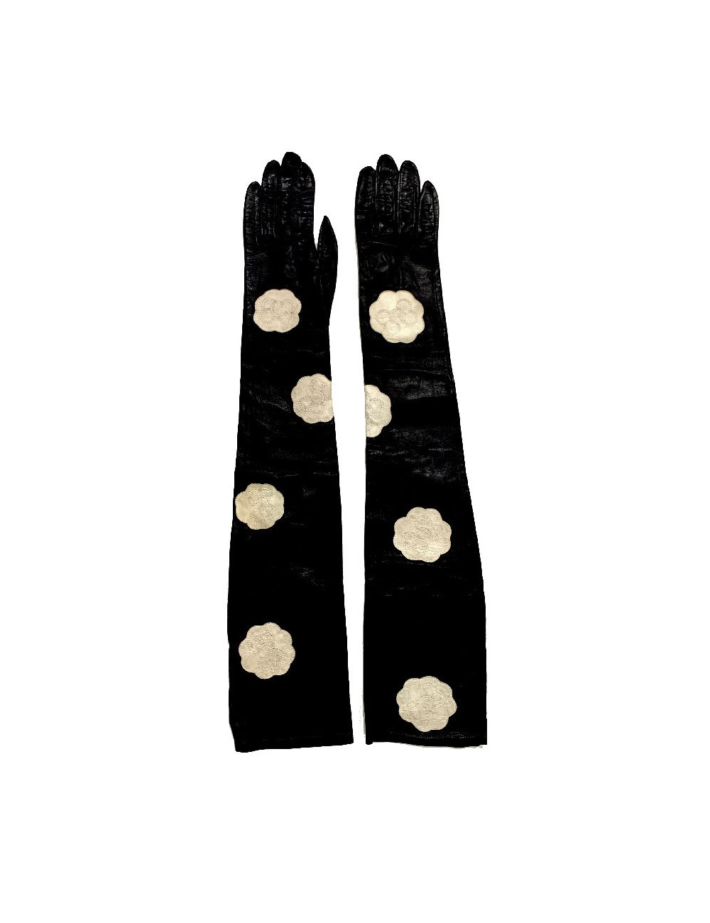 CHANEL white camellias and black lambskin long gloves