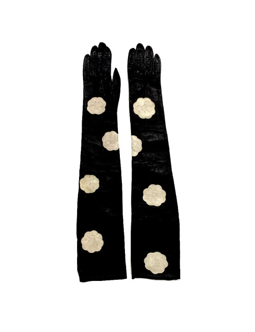 CHANEL white camellias and black lambskin long gloves