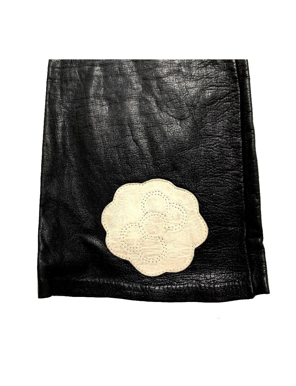 CHANEL white camellias and black lambskin long gloves
