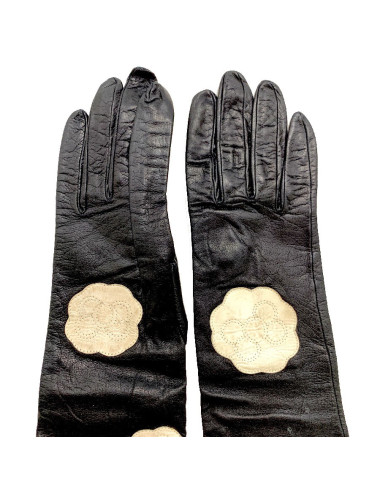 CHANEL white camellias and black lambskin long gloves 2