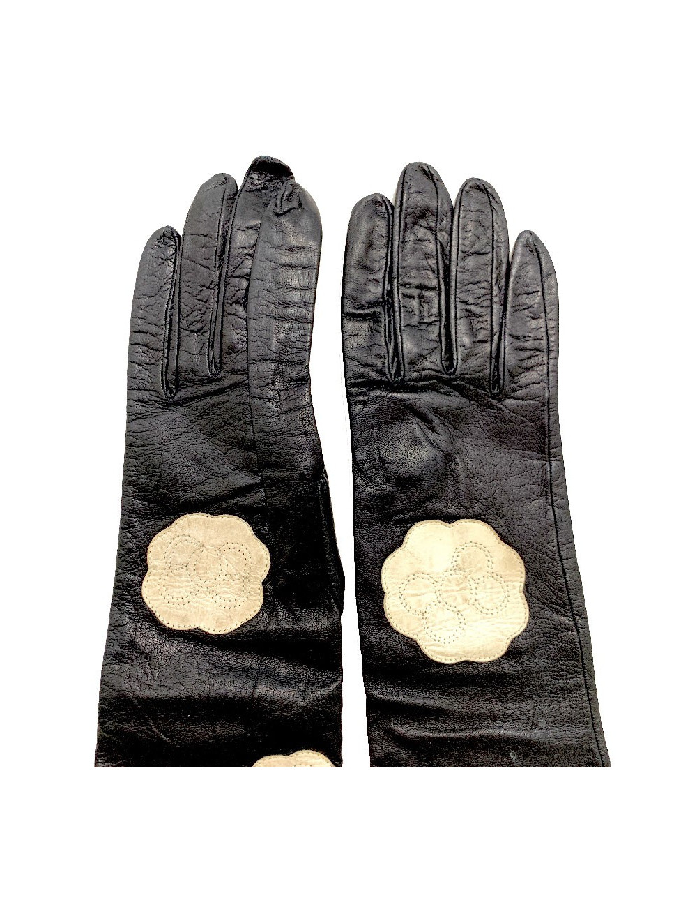 CHANEL white camellias and black lambskin long gloves