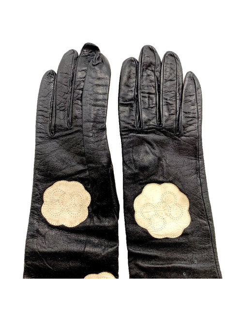 CHANEL white camellias and black lambskin long gloves