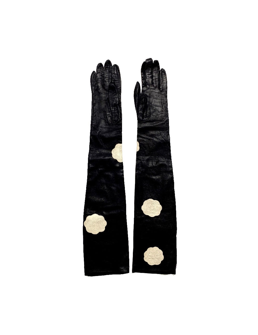 CHANEL white camellias and black lambskin long gloves