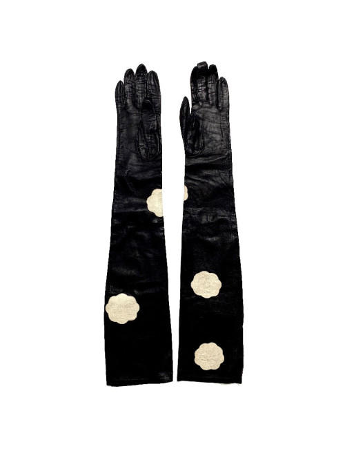 CHANEL white camellias and black lambskin long gloves