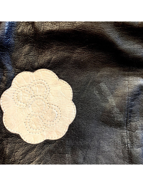 CHANEL white camellias and black lambskin long gloves