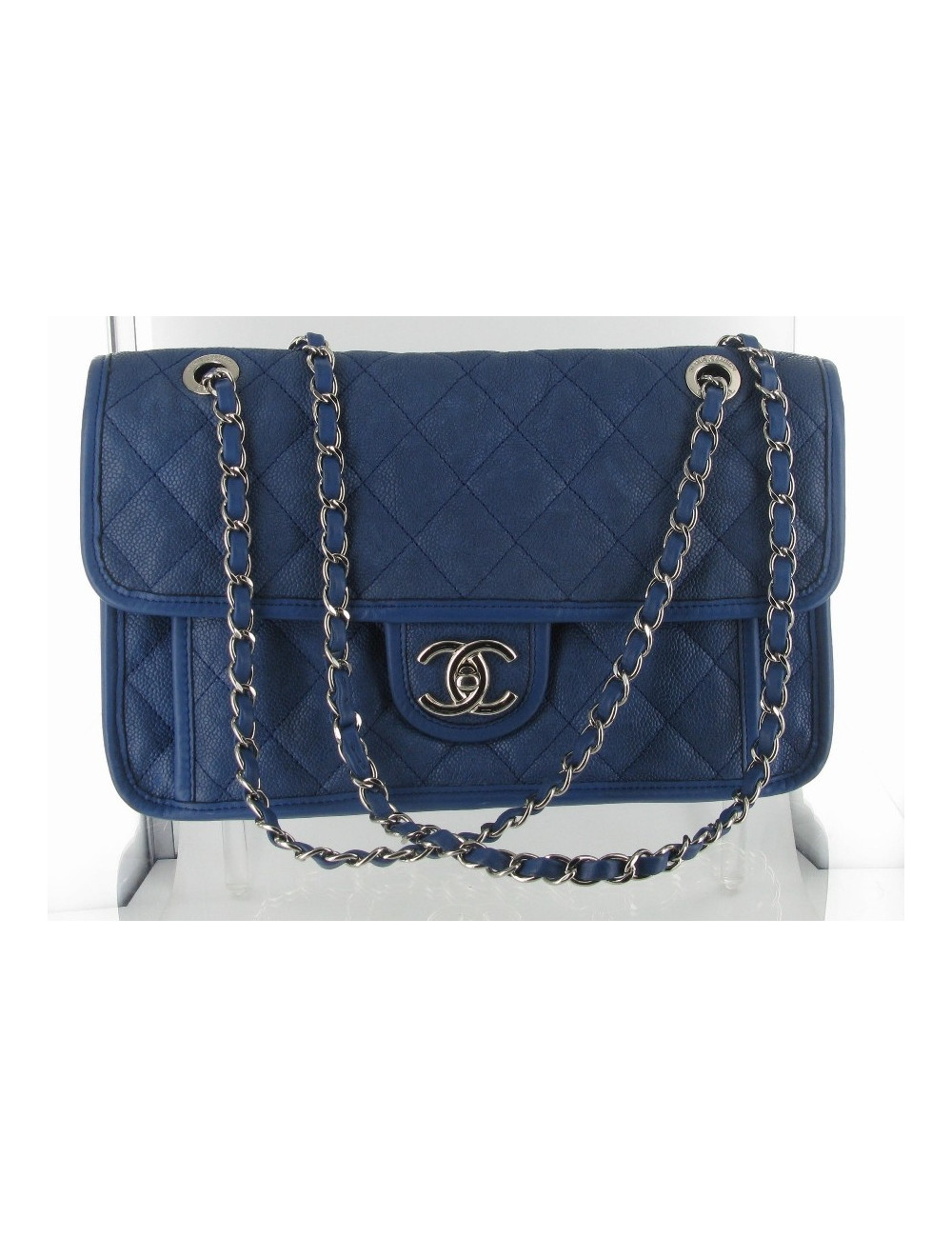Sac cuir grainÃ© bleu CHANEL