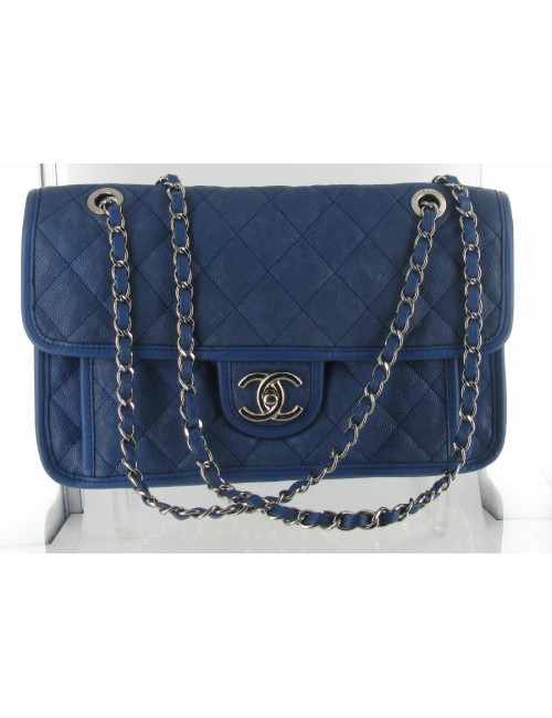 Sac cuir grainÃ© bleu CHANEL