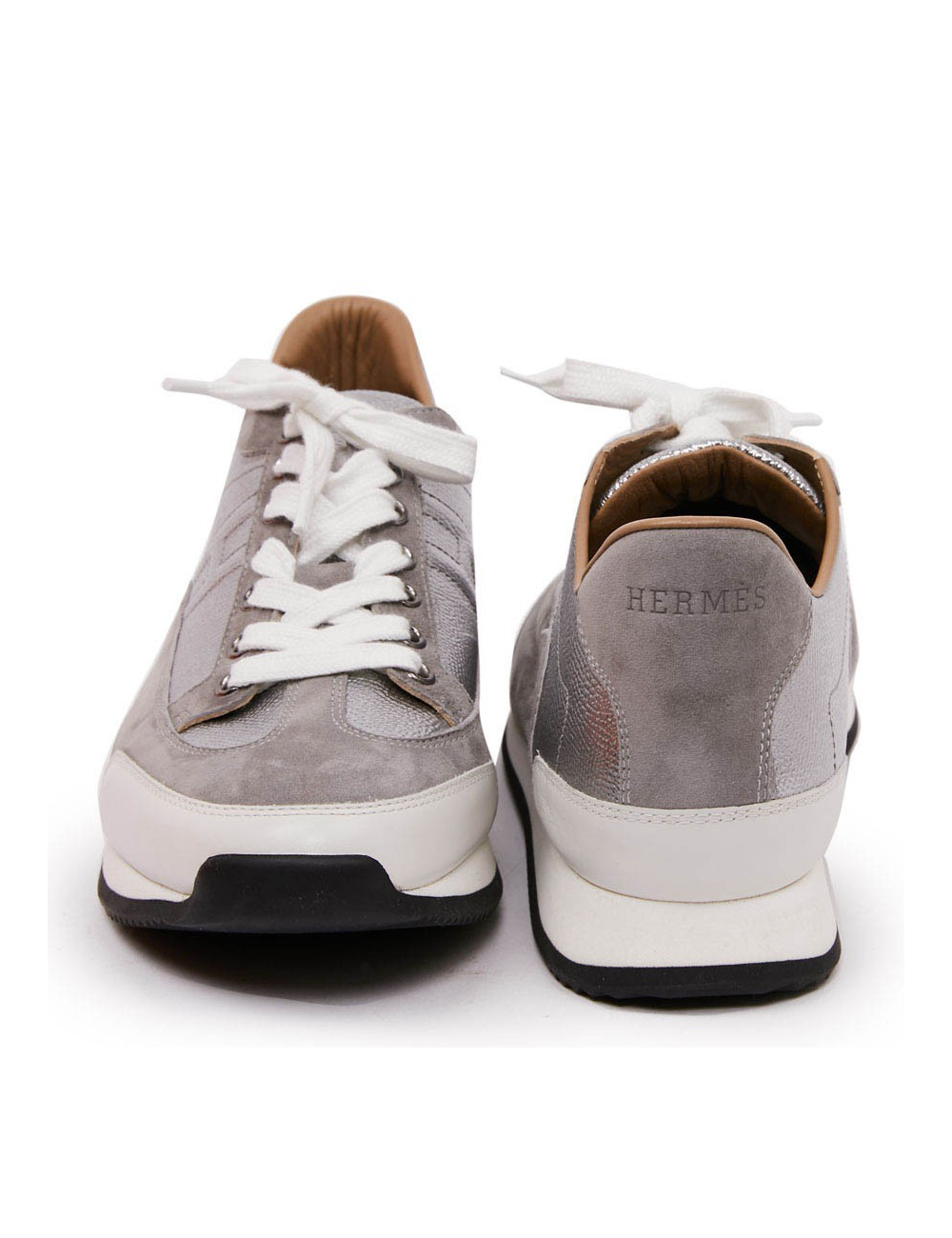 Sneaker "Goal" HERMES T40,5 en veau epsom/ swift gris métallisé