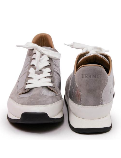 Sneaker "Goal" HERMES T40,5 en veau epsom/ swift gris métallisé