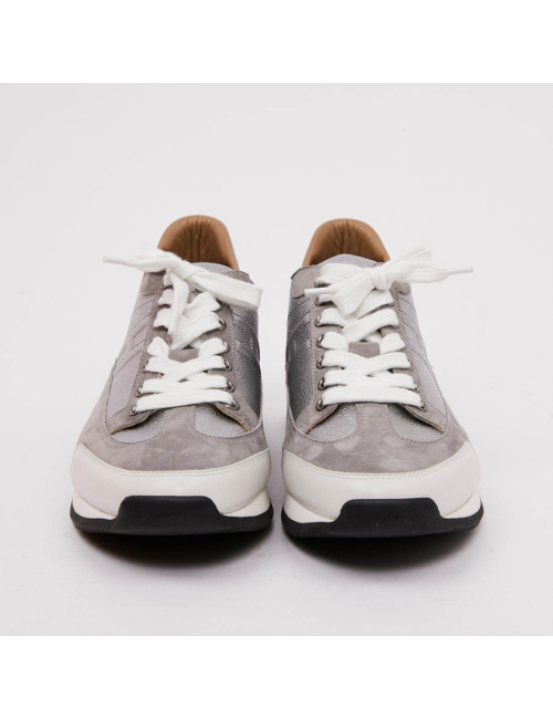 Sneaker "Goal" HERMES T40,5 en veau epsom/ swift gris métallisé