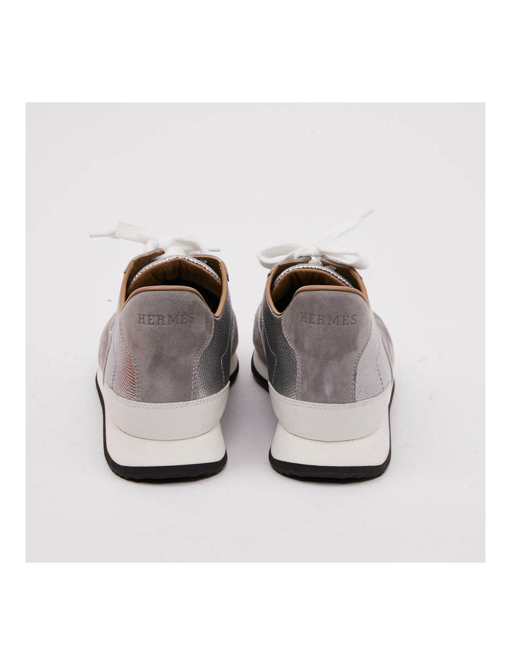 Sneaker "Goal" HERMES T40,5 en veau epsom/ swift gris métallisé