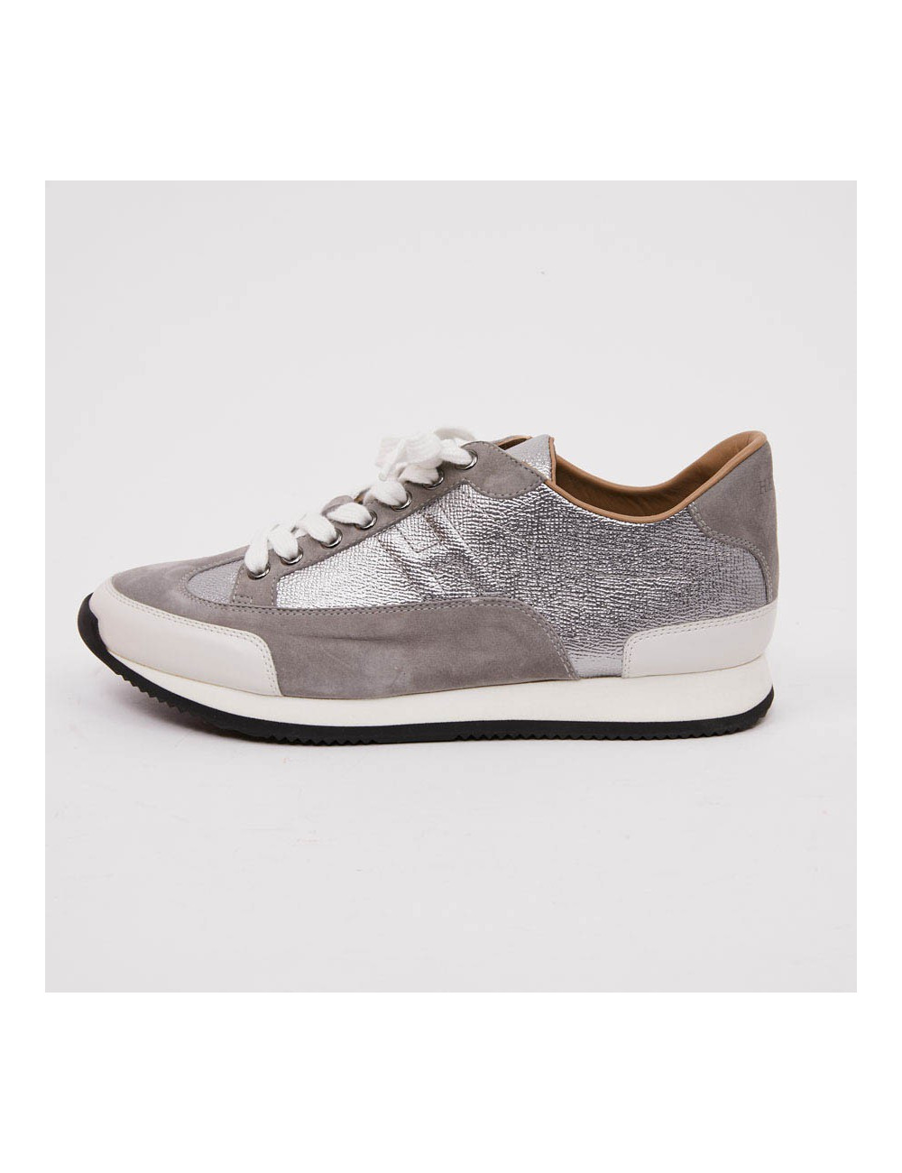 Sneaker "Goal" HERMES T40,5 en veau epsom/ swift gris métallisé