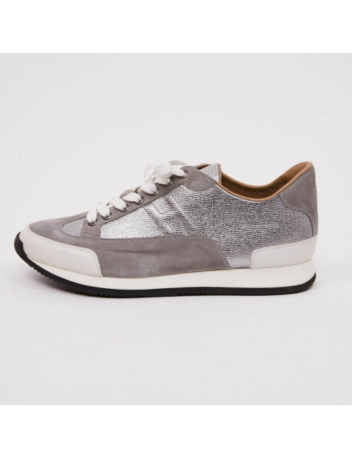 Sneaker "Goal" HERMES T40,5 en veau epsom/ swift gris métallisé