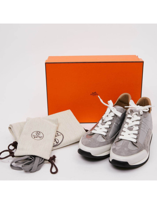Sneaker "Goal" HERMES T40,5 en veau epsom/ swift gris métallisé