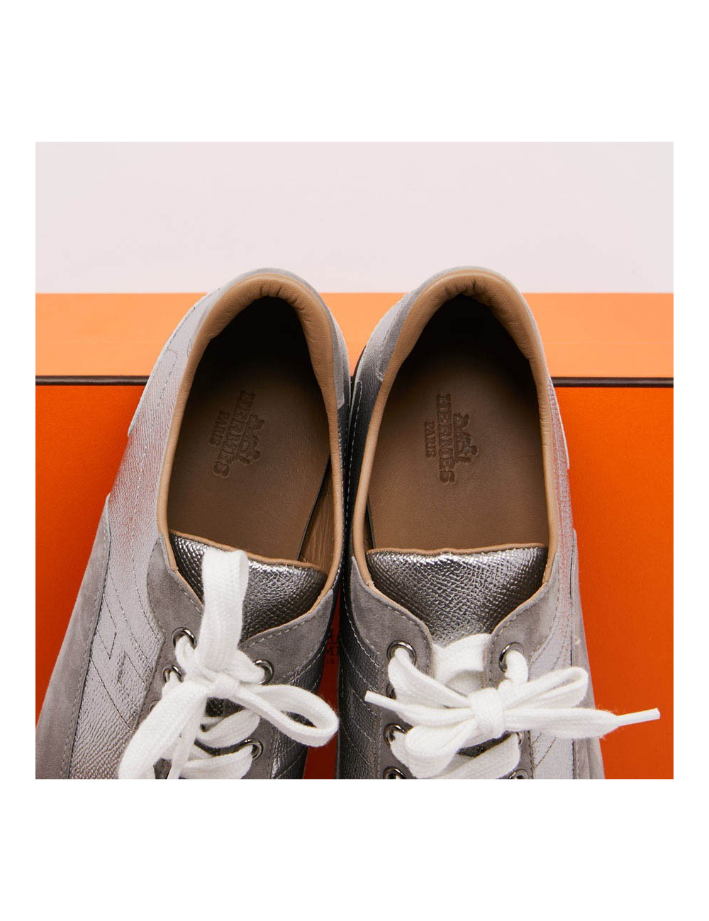 Sneaker "Goal" HERMES T40,5 en veau epsom/ swift gris métallisé