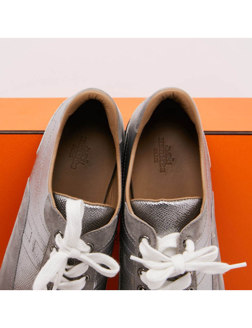 Sneaker "Goal" HERMES T40,5 en veau epsom/ swift gris métallisé