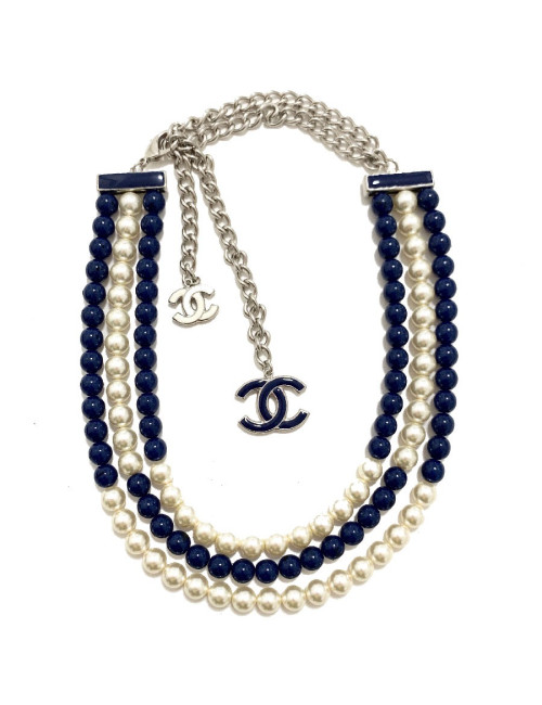 Sautoir CHANEL triple rangs perles bleues