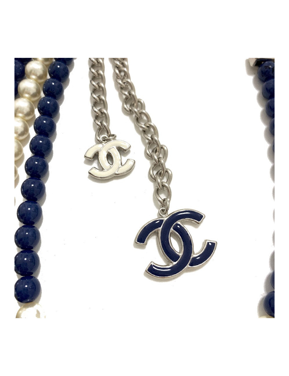 Sautoir CHANEL triple rangs perles bleues