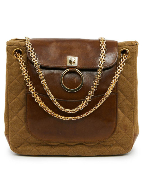 Sac CHANEL toile et cuir beige Vintage