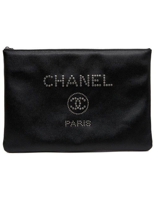 Pochette CHANEL zippée en cuir grainé noir GM