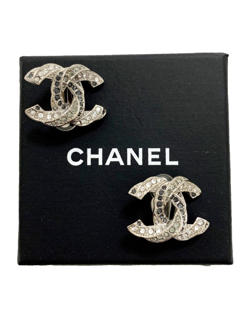Clip CHANEL CC strass argenté