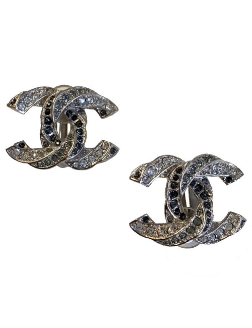 Clip CHANEL CC strass argenté