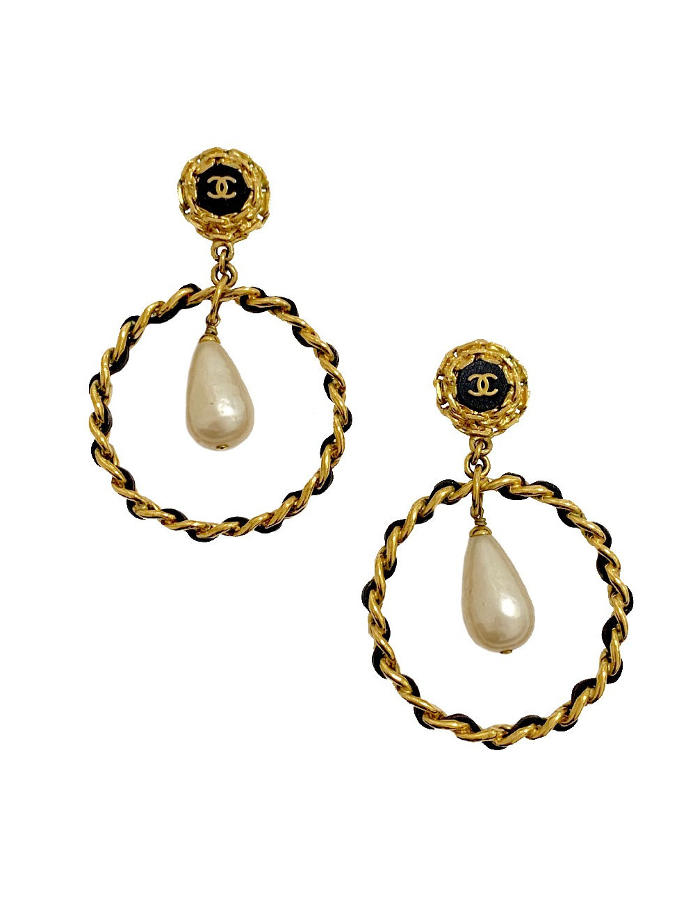 Boucle d’oreille chanel chaine et cuir