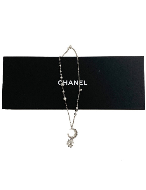 Sautoir CHANEL métal argent et strass