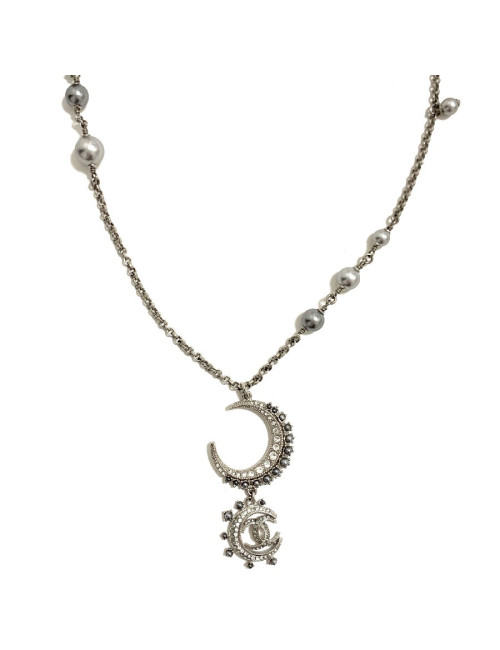 Sautoir CHANEL métal argent et strass