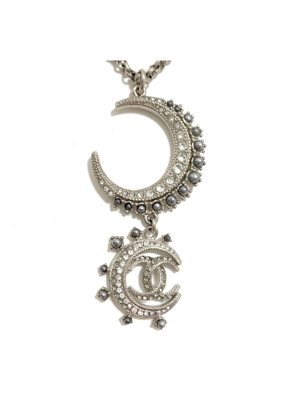 Sautoir CHANEL métal argent et strass