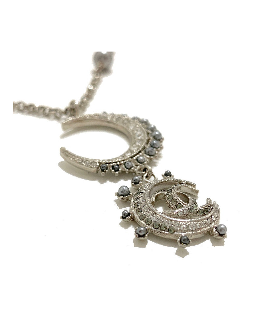 Sautoir CHANEL métal argent et strass