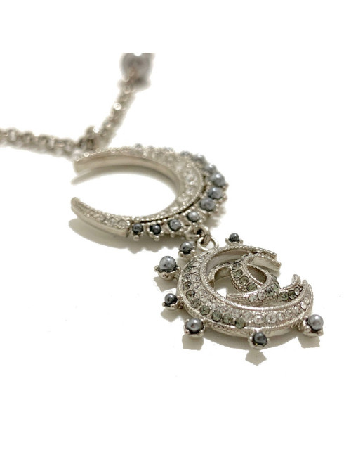 Sautoir CHANEL métal argent et strass