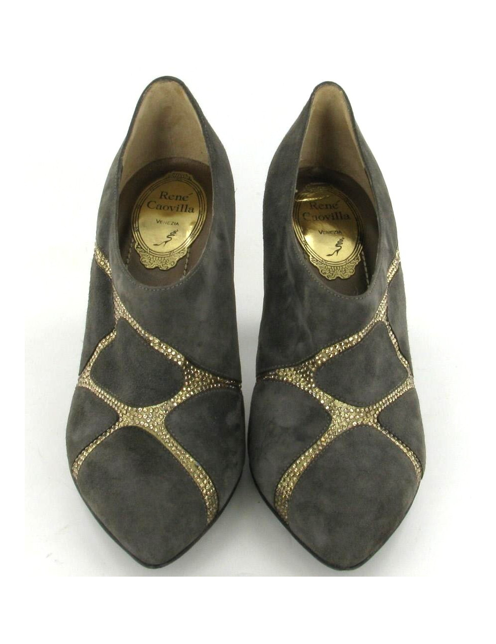 Boots René Caovilla en daim gris et strass dorés T 36