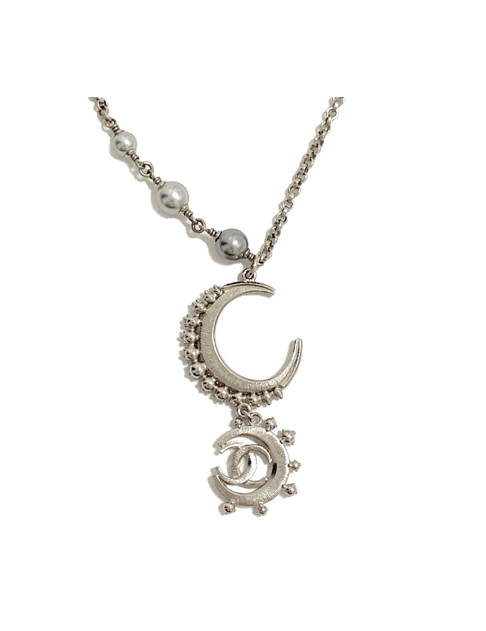 Sautoir CHANEL métal argent et strass