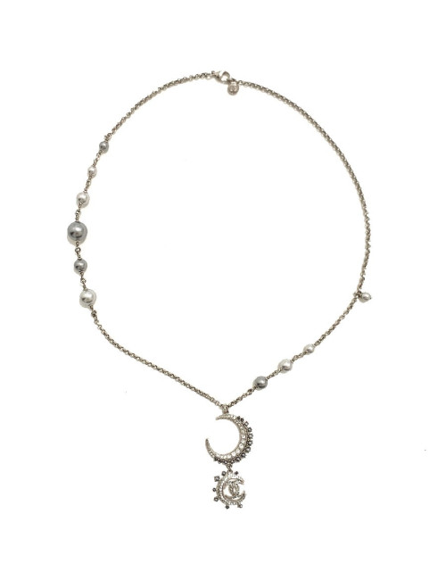 Sautoir CHANEL métal argent et strass