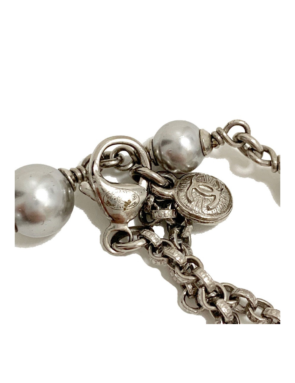 Sautoir CHANEL métal argent et strass