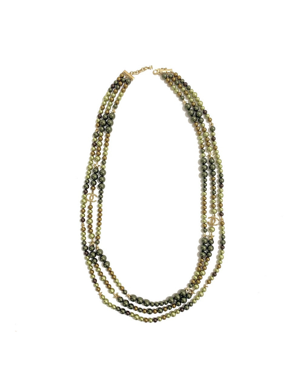 Sautoir CHANEL perles kaki triple rangs