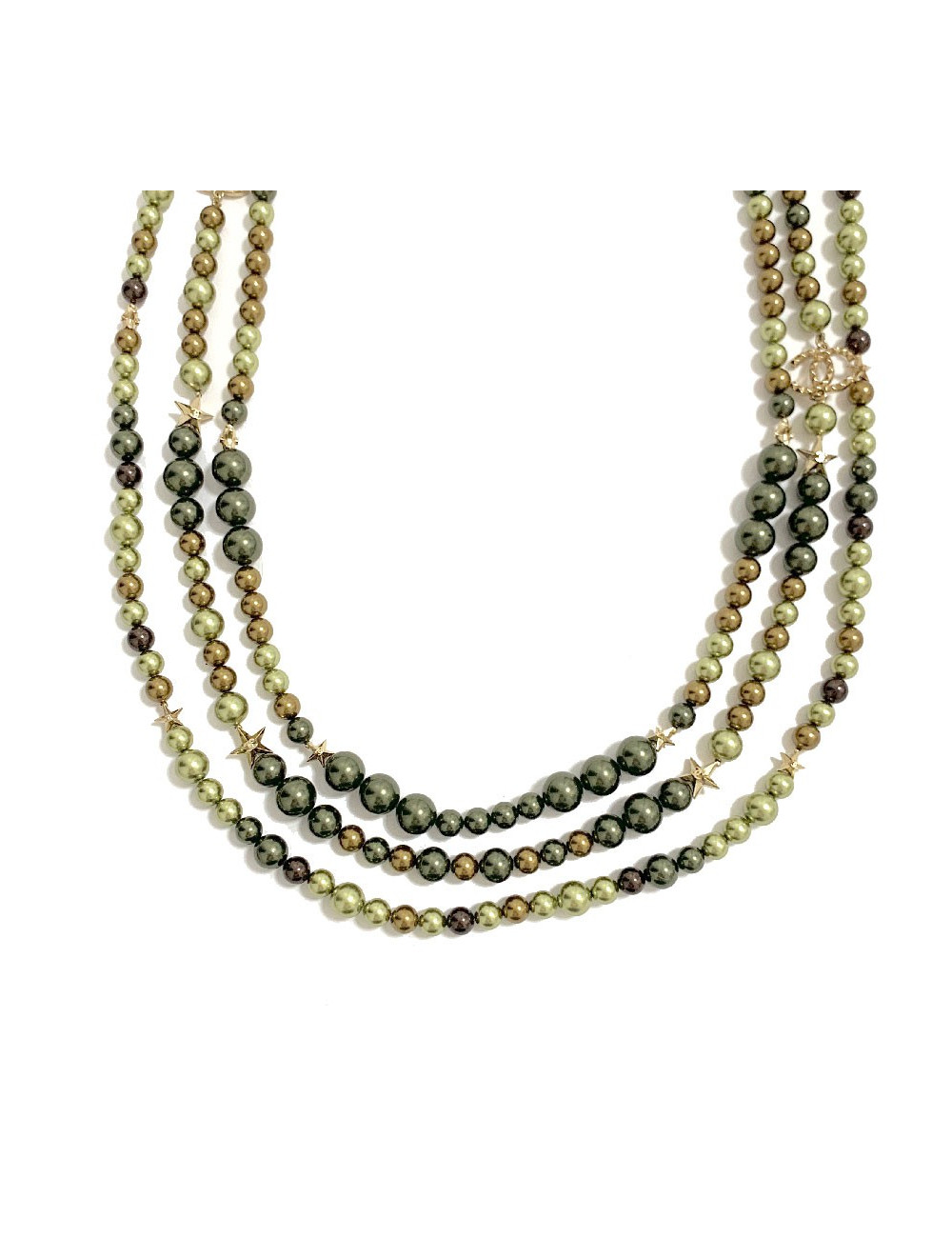 Sautoir CHANEL perles kaki triple rangs