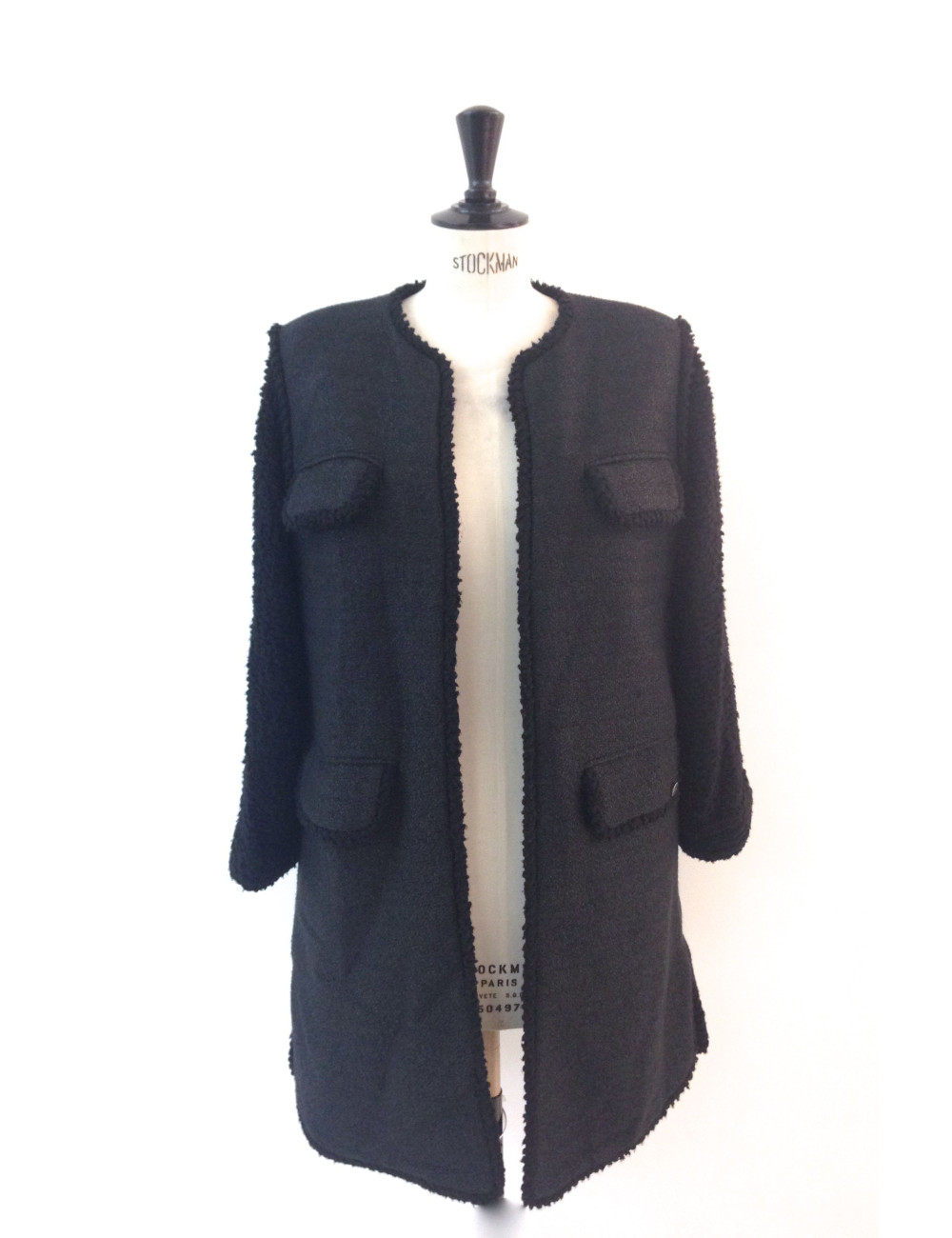 Veste CHANEL longue noire en tweed T 40