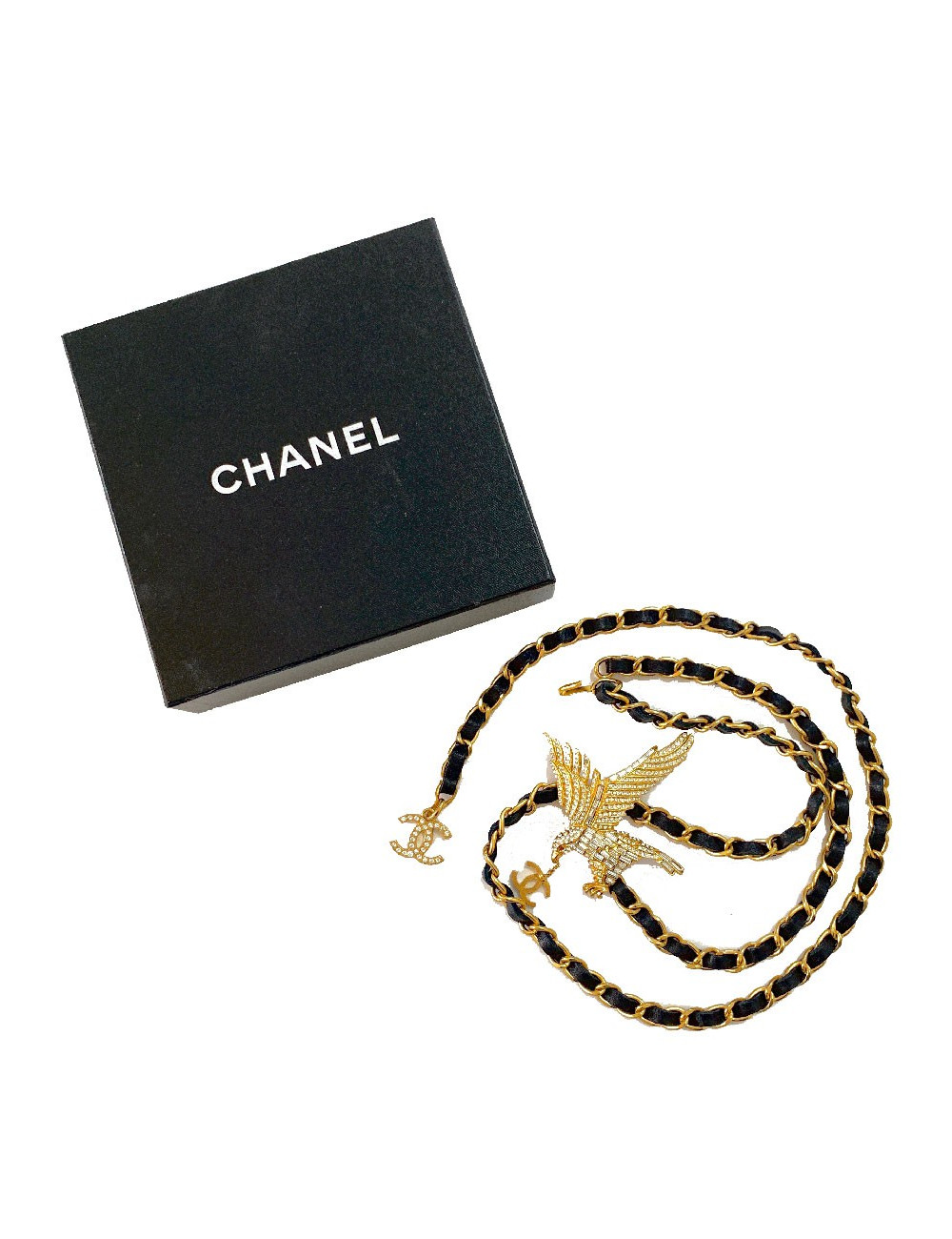 Ceinture CHANEL Aigle vintage en métal doré et cuir noir