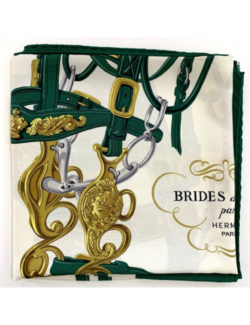 Carré HERMES Brides de Gala vert et blanc en soie