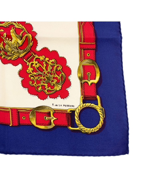 Carré HERMES Cuivreries en soie bleu, blanc, rouge