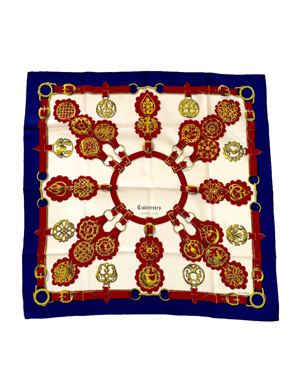 Carré HERMES Cuivreries en soie bleu, blanc, rouge