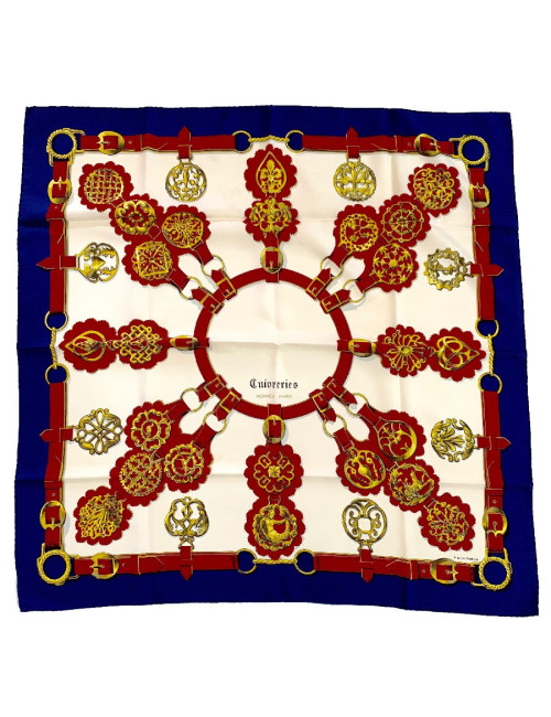 Carré HERMES Cuivreries en soie bleu, blanc, rouge
