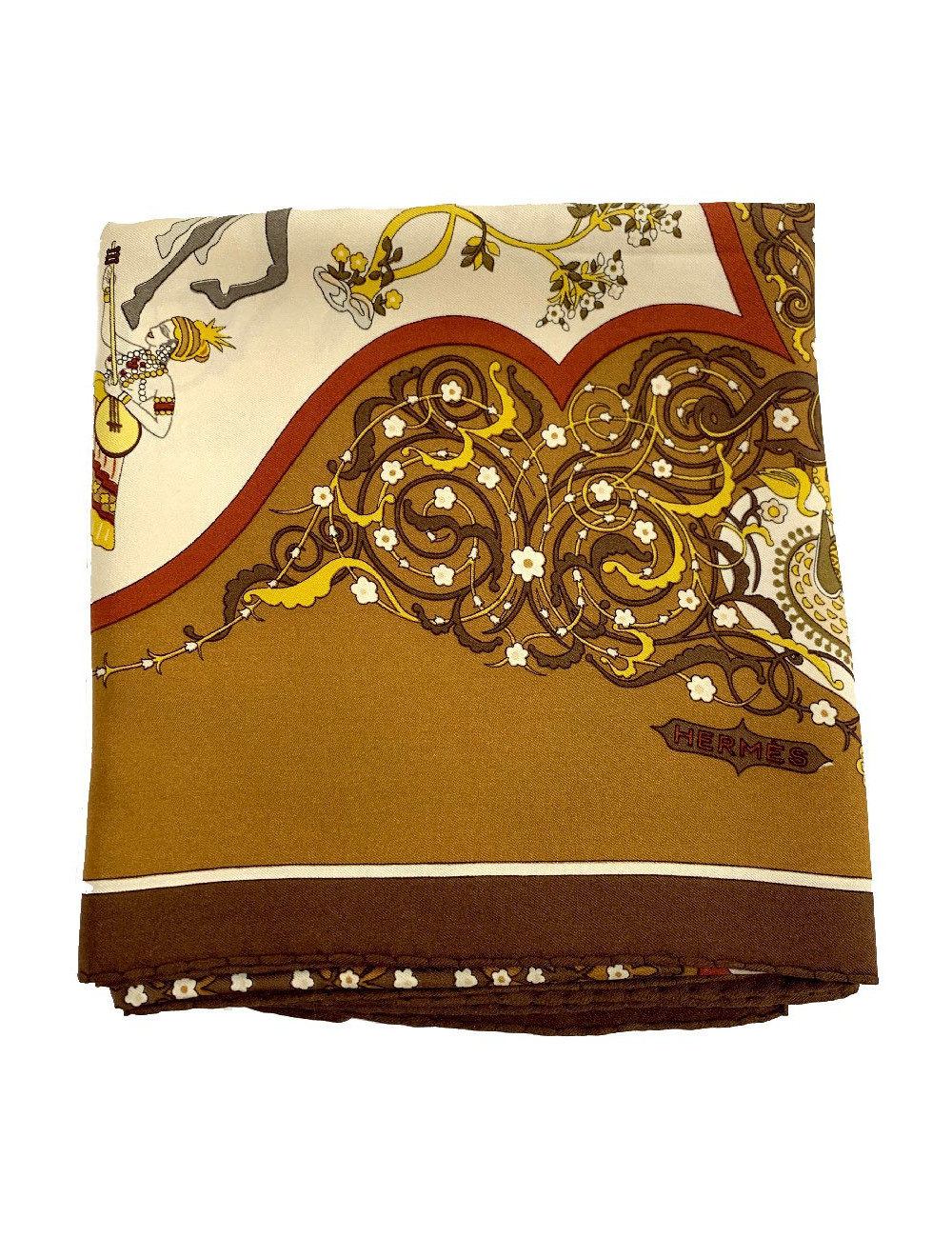 Carré HERMES " Poésie persane" en soie marron
