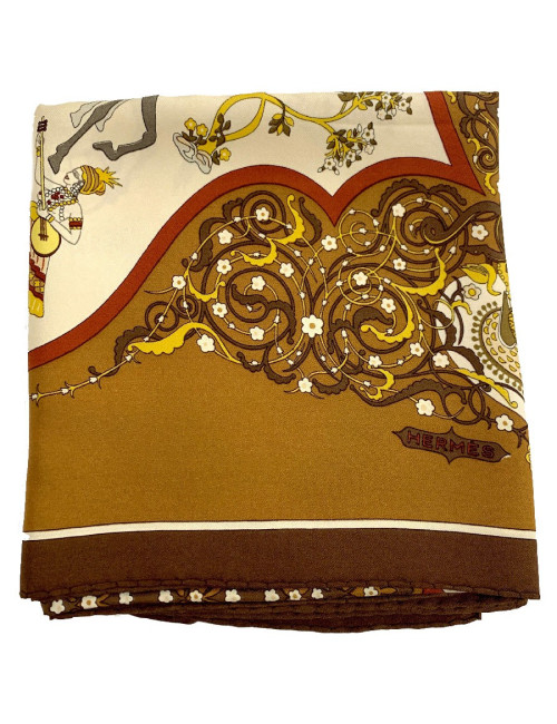 Carré HERMES " Poésie persane" en soie marron